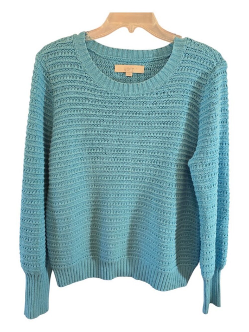 Cotton blend open knit sweater Loft light blue crewneck pullover size medium
